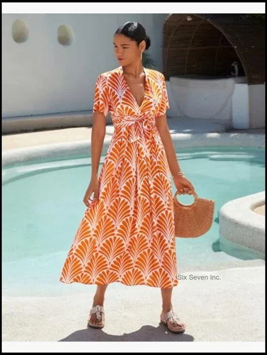 Rayon Boho Maxi Dress with Deep V Neck and Smocked Empire Waist - Picture 3 of 7